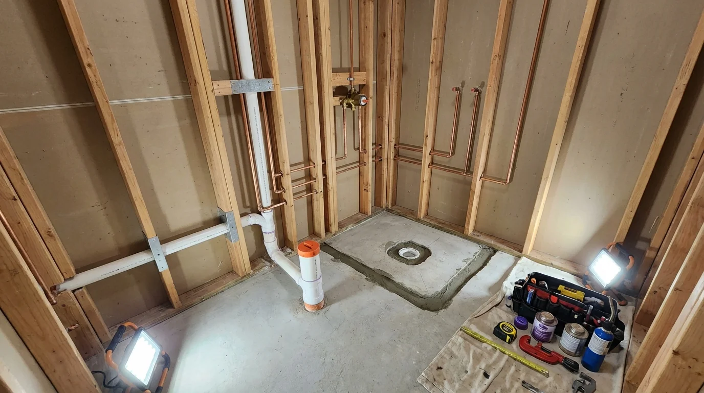 Bathroom rough-in plumbing during remodel by Johns Plumbing LLC in Northbridge