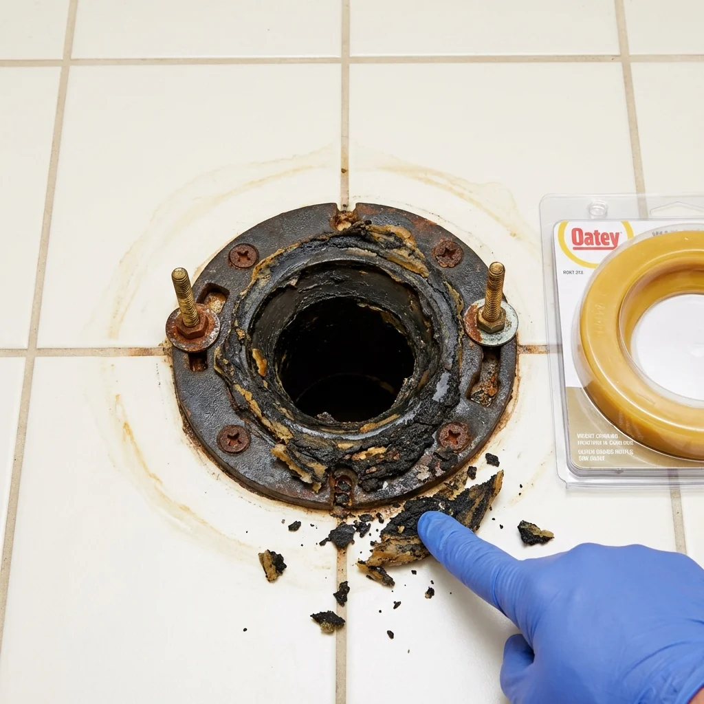 Failed wax ring showing water seepage at the base of a toilet in a Northbridge, MA home